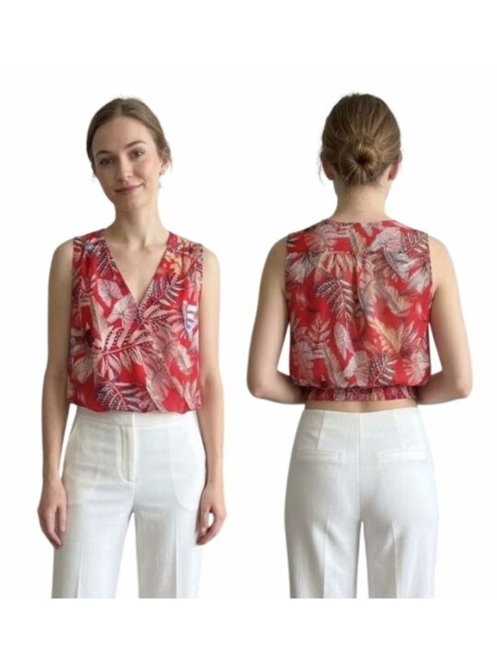 Rachel Roy  Crop Top Women Size S V-Neck Red leaves tropical print lined New